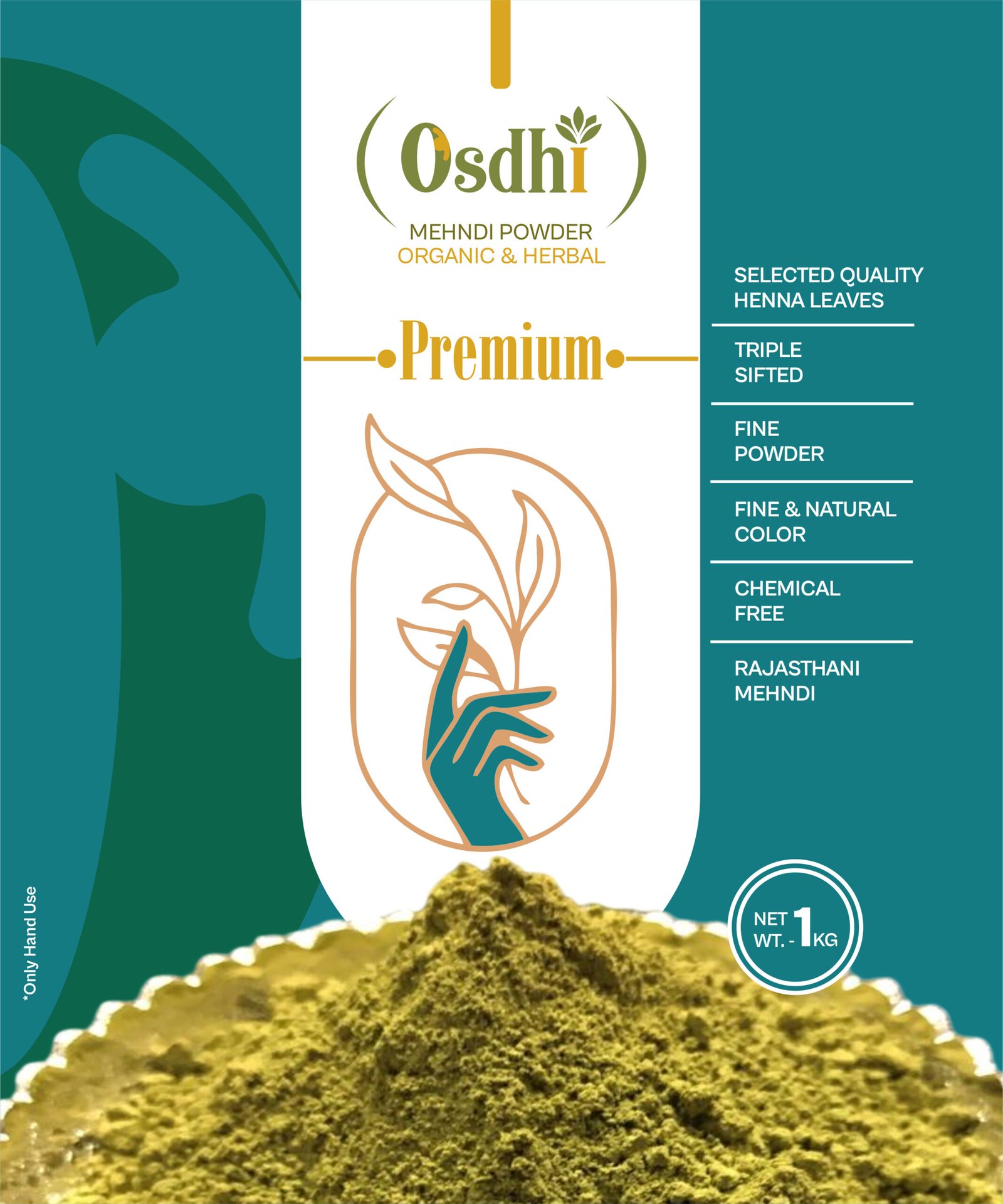 osdhi-organic-mehndi-powder-for-artists Osdhi Premium Mehndi Powder 1 kg pack showing organic triple-sifted henna from Sojat, Rajasthan.
