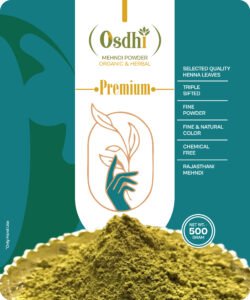Micro-fine triple-sifted green henna powder by Osdhi for smooth bridal mehndi application and deep hair conditioning.