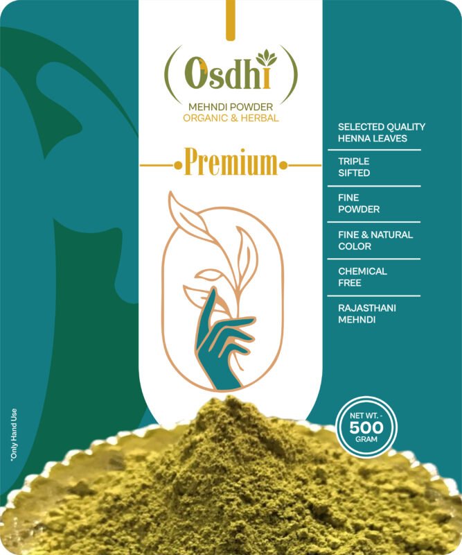 Micro-fine triple-sifted green henna powder by Osdhi for smooth bridal mehndi application and deep hair conditioning.